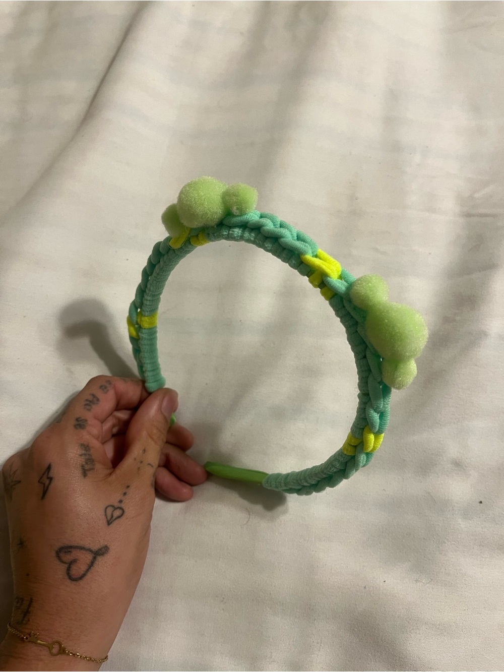 Mint Green & Neon Yellow Pom-Pom Headband and Braided Clip for Kids - Picture 3 of 3